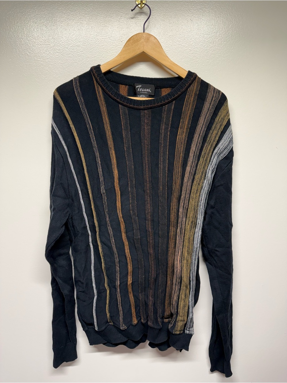 vintage tosani  Black Crewneck Sweater with Multicolor Vertical Stripes